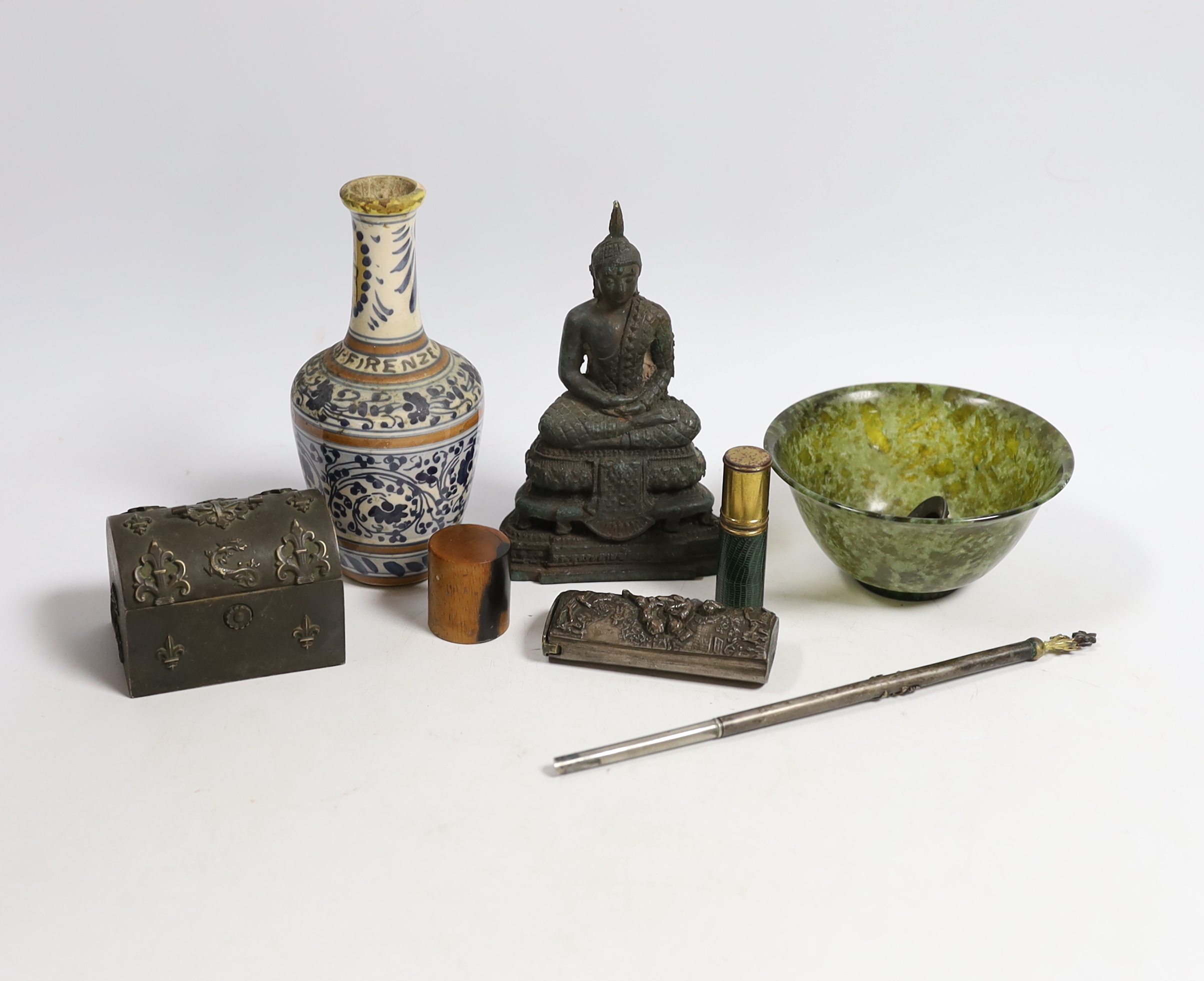 A Chinese hardstone bowl, a cast Buddha and five other items including a domed miniature chest, largest 13cm high